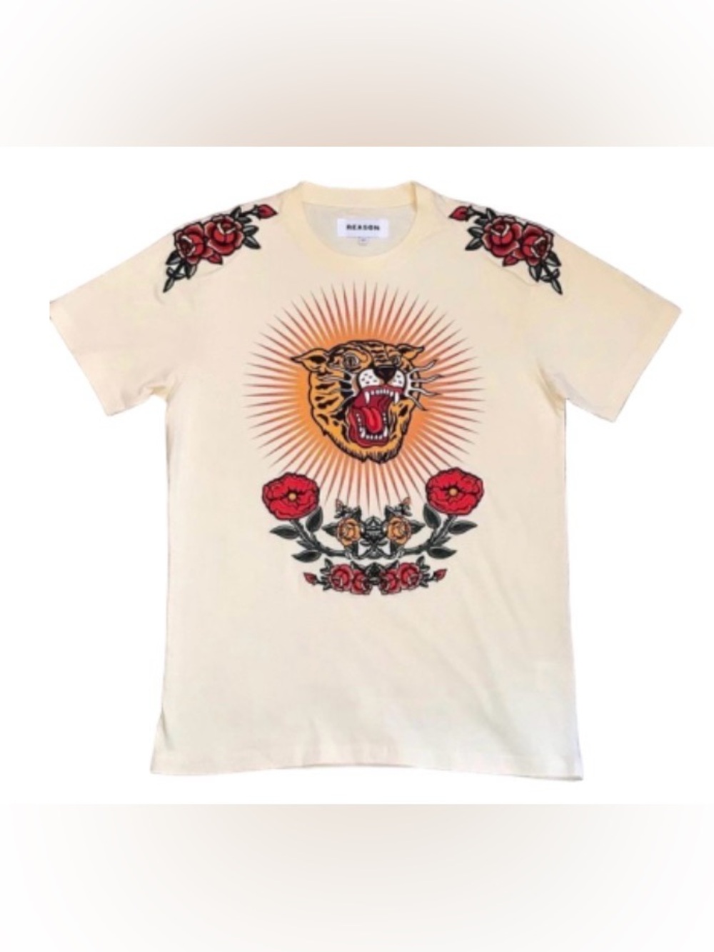 Reason Cream embroidered Tee with Tiger Sunburst & Red Floral Embroidery